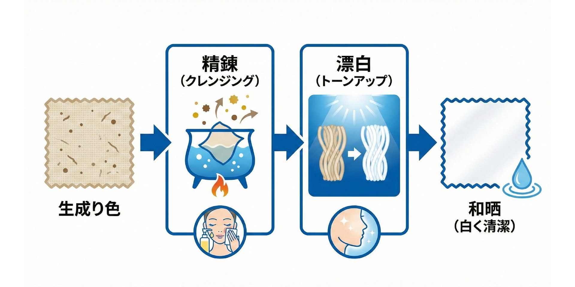 晒に重要な精錬と漂白の2つの工程を説明